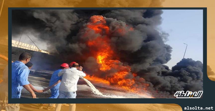جهود إطفاء حريق خط أنابيب بترول بطريق الإسماعيلية الصحراوي